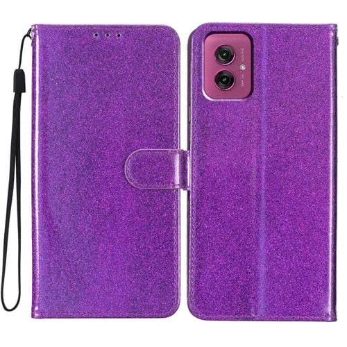 Funda de Cuero con Tapa y Purpurina para Motorola Moto G55 (Morado)