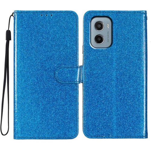 Funda de Cuero con Tapa y Purpurina para Motorola Moto E15 (Azul)