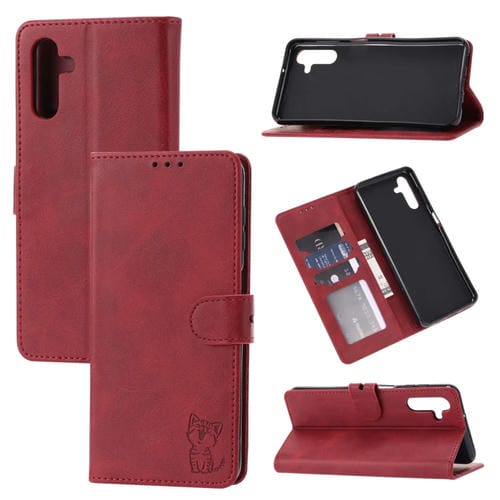 Funda para Teléfono Samsung Galaxy A35 5G Cuero con Tapa Patrón Gato Feliz (Rojo)
