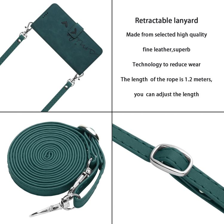 Funda de Piel con Relieve de Corazón para Teléfono Itel S25 con Cordón Largo (Verde)