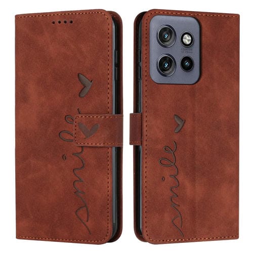 Funda de Piel con Relieve de Corazón y Cordón Largo para Motorola Edge 50 Neo (Marrón)