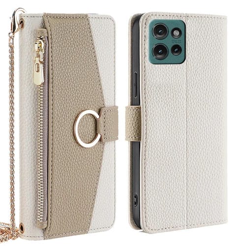 Funda de Cuero con Textura de Lichi para Motorola Edge 50 5G (Blanco)