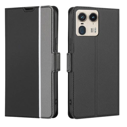 Funda de Cuero con Textura de Sarga y Botones Laterales para Motorola Edge 50 Ultra (Negro)