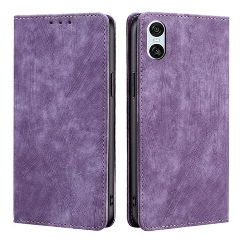 Funda de Cuero Magnética con Cepillo Antirrobo RFID para Sony Xperia 10 Vi (Morado)