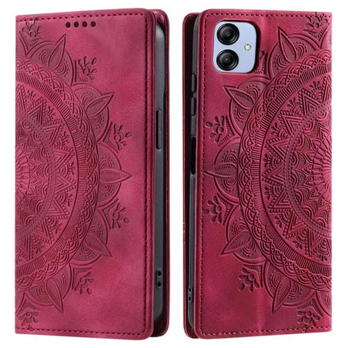 Estuche para Teléfono Samsung Galaxy A04E 4G / F04 / M04 Cuero Magnético Relieve Tótem (Rojo)