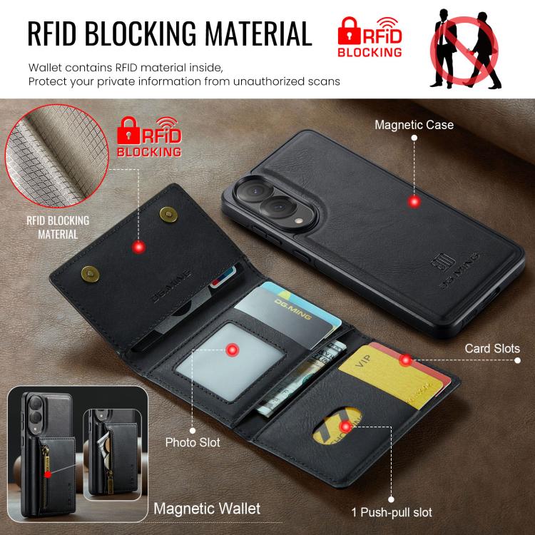 Funda de cuero desmontable con cremallera RFID para Samsung Galaxy S25 Edge 5G DG.MING M5 Series (negro)