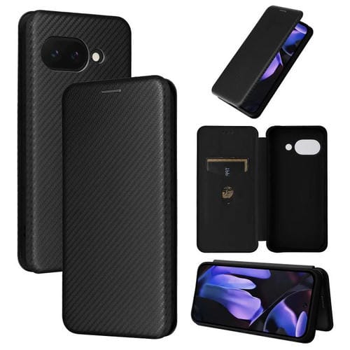 Funda de Cuero con Tapa y Textura de Fibra de Carbono para Google Pixel 9A (Negra)