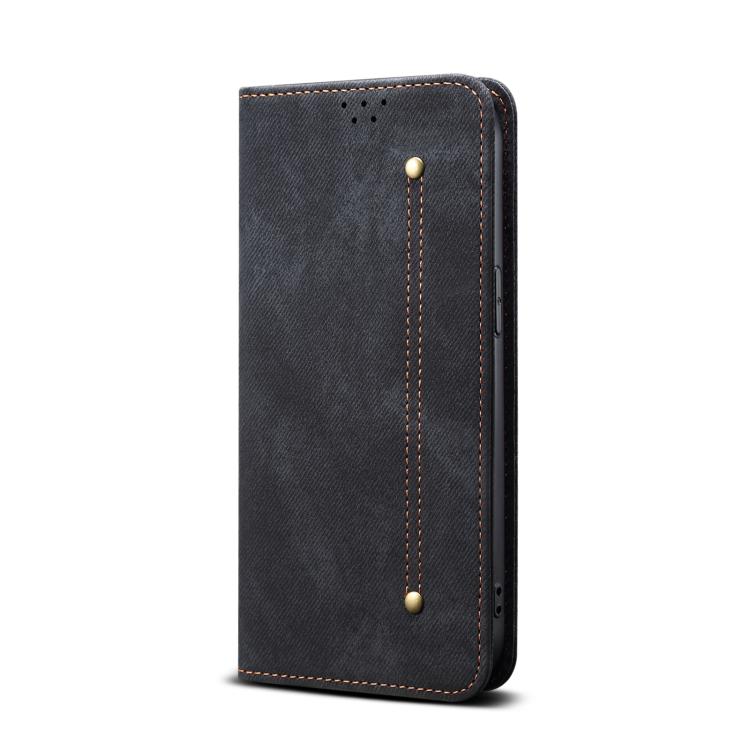 Funda de cuero con tapa y textura vaquera para Motorola Edge 60 Pro (negra)