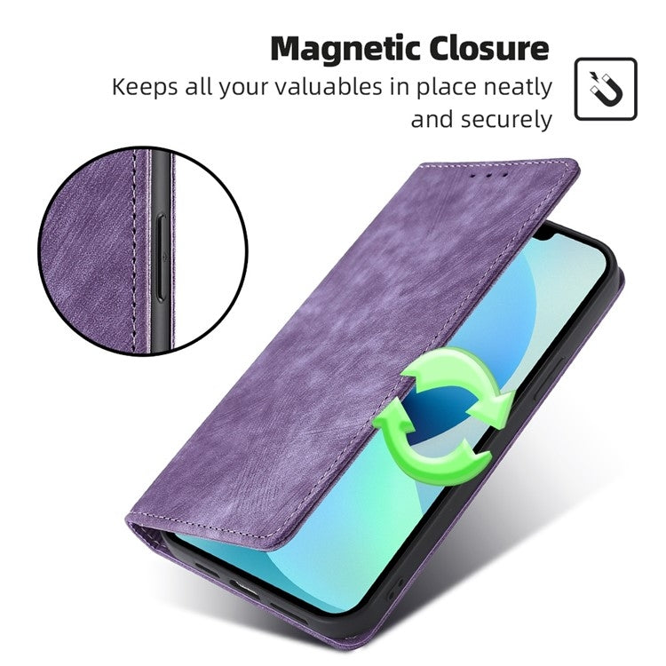 Funda de Cuero Magnética con Cepillo Antirrobo Rfid para TCL 50 5G (Morado)