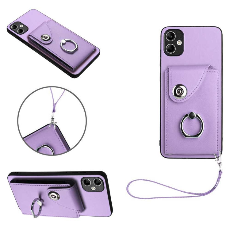 Bolsa para Tarjeta Samsung Galaxy A04E 4G M04 4G F04 4G Soporte para Anillo Funda PU con Cordón (Púrpura)