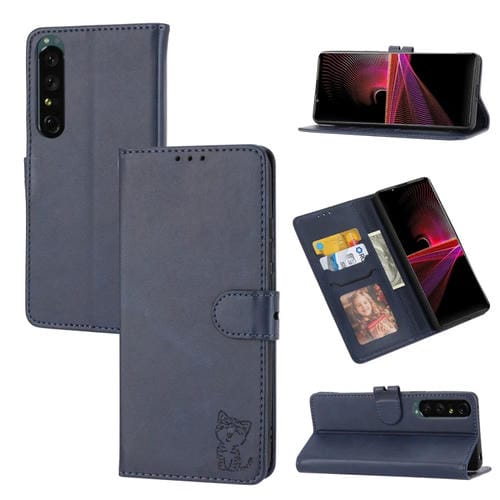 Funda de Cuero con Tapa para Sony Xperia 5 Vi Diseño Gato En Relieve (Azul)