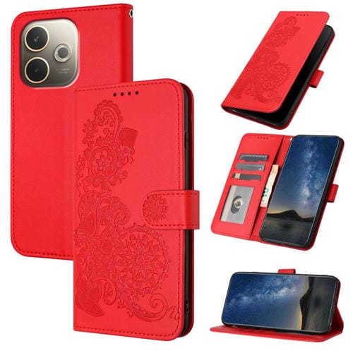 Funda de Cuero con Tapa y Relieve de Flor de Datura para Oppo A5 Pro 5G (Roja)