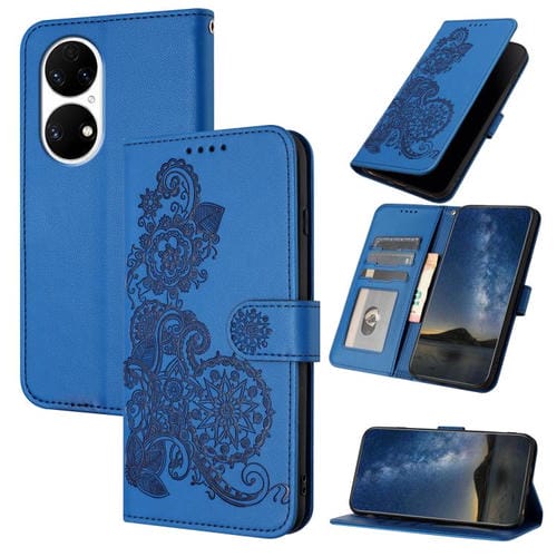 Funda de Cuero con Tapa para Huawei P50 con Diseño Flor de Datura en Relieve (Azul)