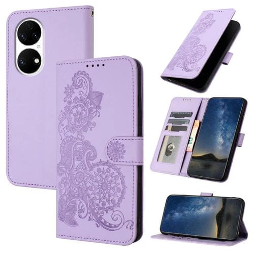 Funda de Cuero con Tapa para Huawei P50 Diseño Flor de Datura en Relieve (Morado)