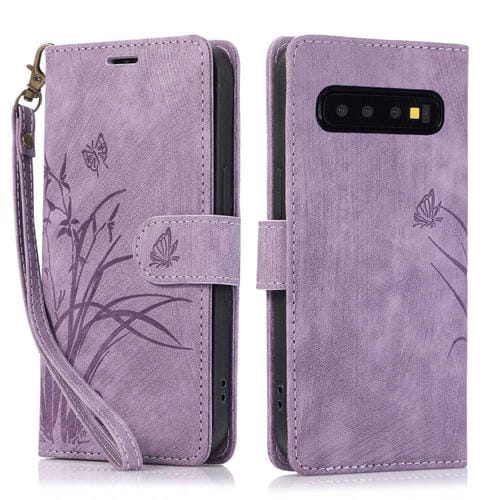 Funda para Samsung Galaxy S10 Cuero con Relieve Mariposa Orquídea (Púrpura)