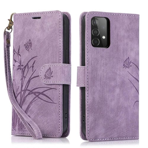 Funda para Teléfono Samsung Galaxy A53 de Cuero con Relieve de Mariposa Orquídea (Púrpura)
