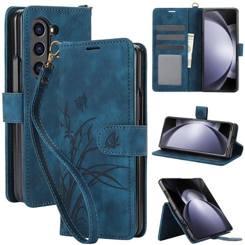 Funda para Teléfono Samsung Galaxy Z Fold5 Cuero con Relieve Mariposa Orquídea (Azul)