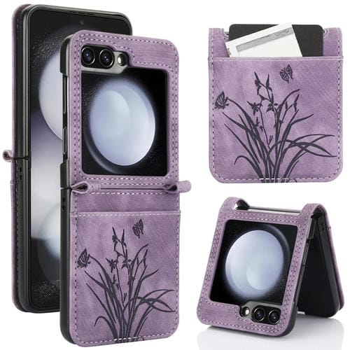 Funda para Teléfono Samsung Galaxy Z Flip5 Cuero Relieve Mariposa Orquídea (Púrpura)
