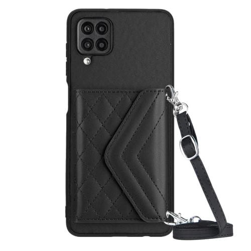 Estuche para Teléfono Samsung Galaxy A12 Rfid con Bolsa para Tarjetas Textura Rómbica y Cordón Largo (Negro)