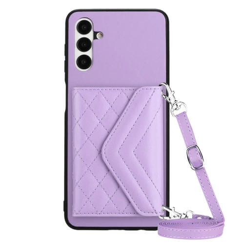 Funda para Teléfono Samsung Galaxy A13 5G A04S Rfid con Bolsa para Tarjetas Textura Rómbica y Cordón Largo (Púrpura Claro)