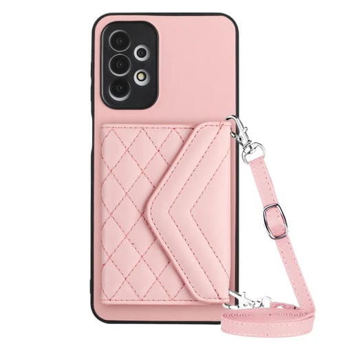 Estuche para Teléfono Samsung Galaxy A23 con Protección Rfid Bolsa para Tarjetas Textura Rómbica Cordón Largo (Oro Rosa)
