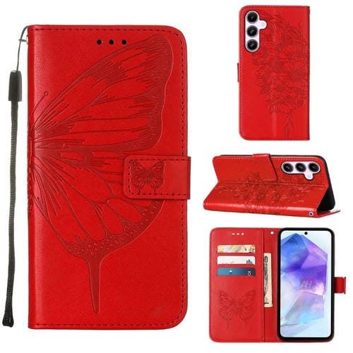 Funda de Cuero Samsung Galaxy A55 con Mariposa en Relieve (Rojo)