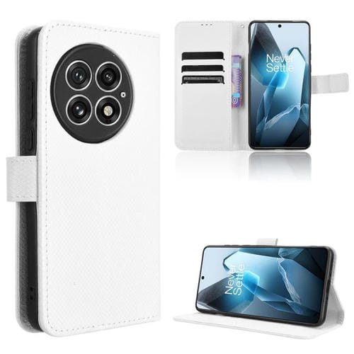 Funda de Cuero con Textura de Diamante para OnePlus 13 5G (Blanca)
