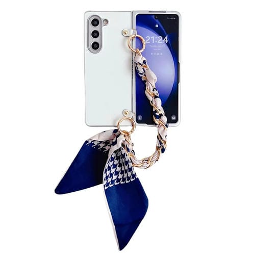 Funda para Teléfono Samsung Galaxy Z Fold5 5G Charol Metal con Pulsera de Bufanda (Blanco)