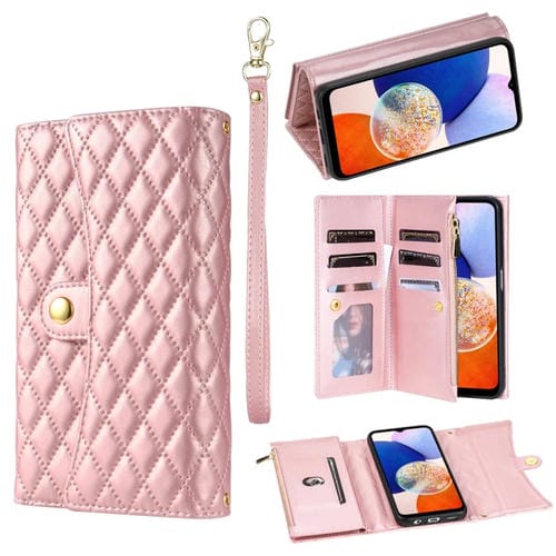 Estuche para Teléfono Samsung Galaxy A72 Cuero Rómbico con Billetera MultiTarjeta y Cremallera (Oro Rosa)