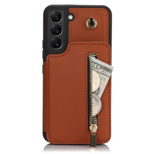 Estuche para teléfono Samsung Galaxy S22+ 5G Ym006 con bolsa para tarjetas, cremallera y cordón doble (Marrón)