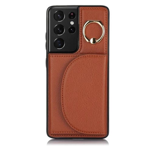 Funda para Teléfono Samsung Galaxy S21 Ultra 5G Ym007 con Soporte para Anillo y Tarjeta (Marrón)