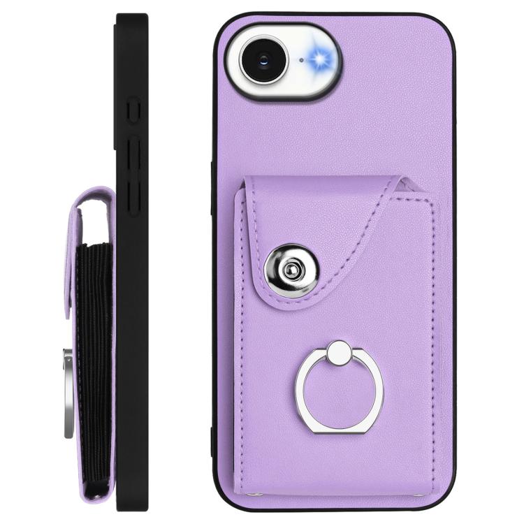 Funda para iPhone 16e con tarjetero, anillo y cordón largo (morado)