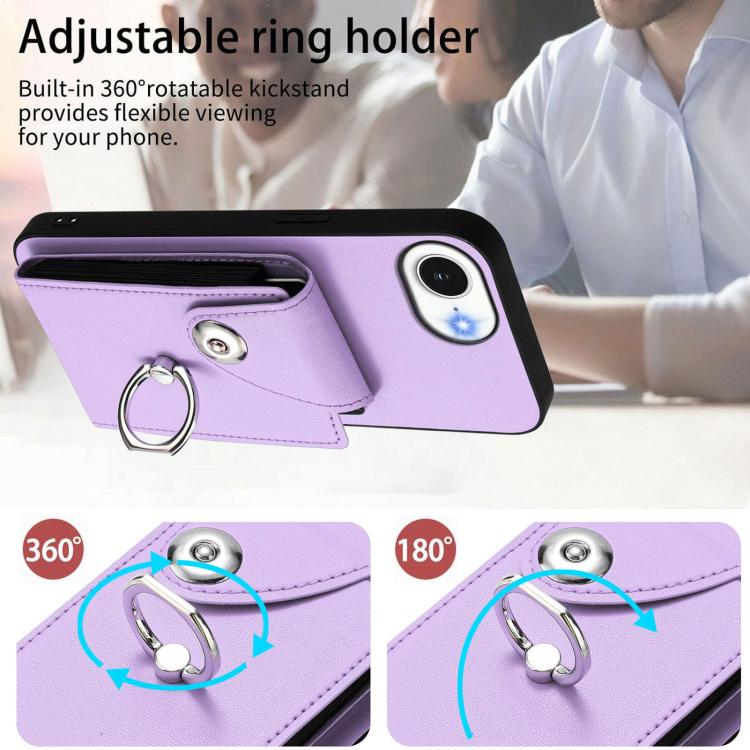 Funda para iPhone 16e con tarjetero, anillo y cordón largo (morado)