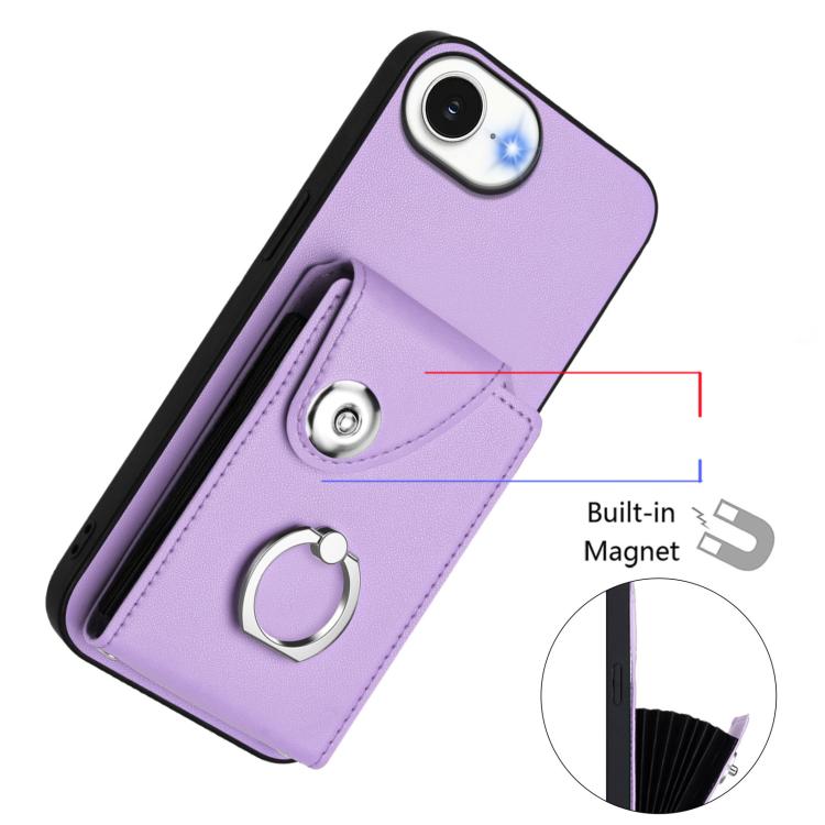 Funda para iPhone 16e con tarjetero, anillo y cordón largo (morado)