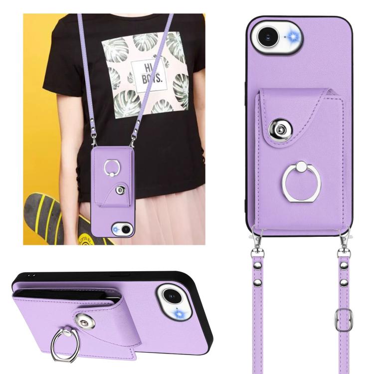 Funda para iPhone 16e con tarjetero, anillo y cordón largo (morado)