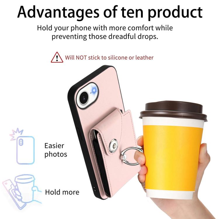 Funda para iPhone 16e con tarjetero, anilla y cordón largo (rosa)