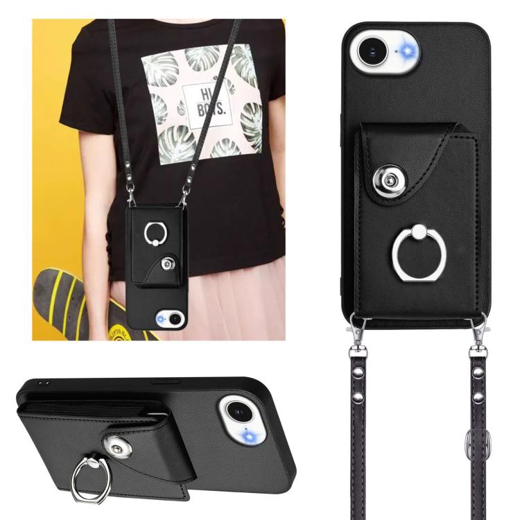 Funda para iPhone 16e con tarjetero, anilla y cordón largo (negra)