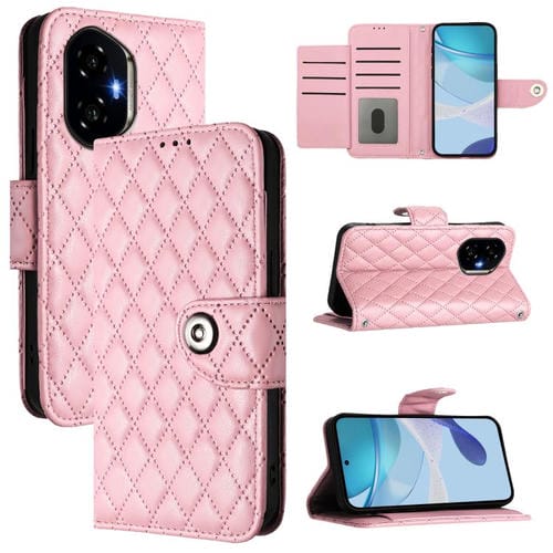 Funda de Cuero con Textura Rómbica y Cordón para Honor 300 5G (Rosa)