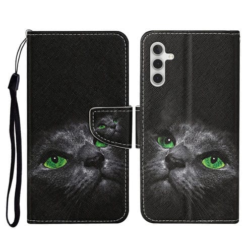 Funda de Cuero Samsung Galaxy A35 con Tapa y Patrón de Dibujo de Colores (Gato Negro)