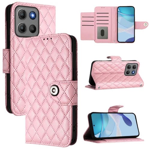 Funda de cuero con textura rómbica y cordón para Motorola Moto G15 / G15 Power (rosa)
