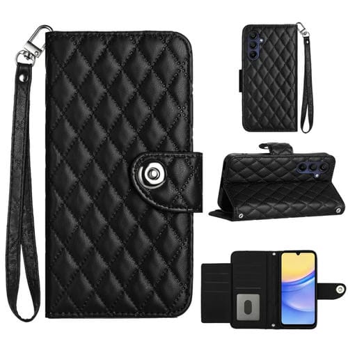 Funda de Cuero para Samsung Galaxy A05S con Tapa Textura Rómbica y Cordón (Negro)