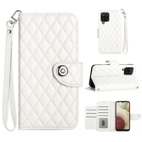 Funda de Cuero para Samsung Galaxy A12 / M12 con Tapa Textura Romboidal y Cordón (Blanco)