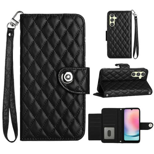 Funda de Cuero para Samsung Galaxy A34 con Tapa Textura Rómbica y Cordón (Negro)