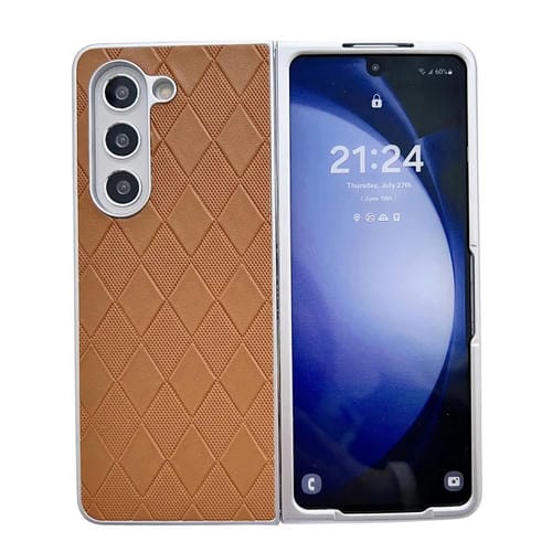 Funda para teléfono Samsung Galaxy Z Fold3 5G Cuero a cuadros Pintura nacarada Forma de diamante (Marrón)