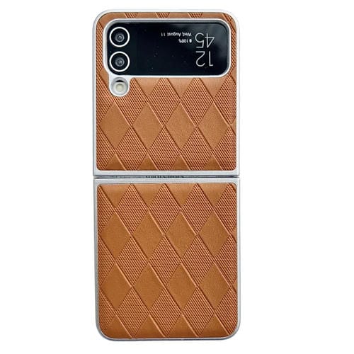Funda para Teléfono Samsung Galaxy Z Flip4 5G Cuero a Cuadros con Pintura Nacarada y Forma de Diamante (Marrón)
