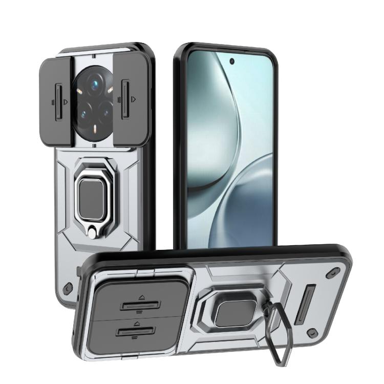 Funda Deslizante de TPU + PC a Prueba de Golpes con Soporte para Realme 14 Pro+ 5G (Gris)