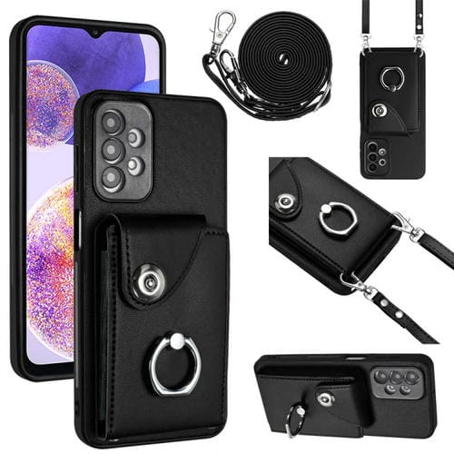 Funda para Teléfono Samsung Galaxy A23 con Soporte para Anillo y Bolsa para Tarjeta con Cordón Largo (Negro)