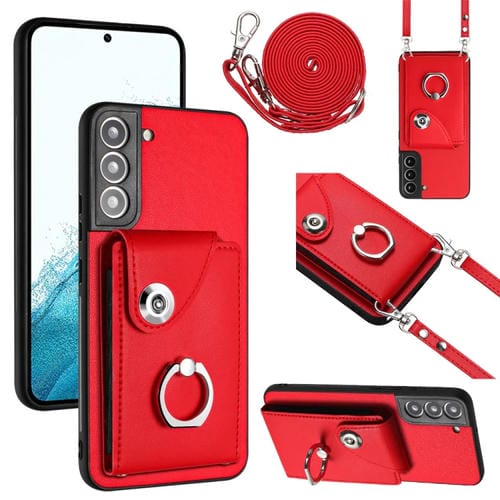 Funda para Teléfono Samsung Galaxy S22 + 5G con Soporte para Anillo y Bolsa para Tarjeta con Cordón Largo (Rojo)