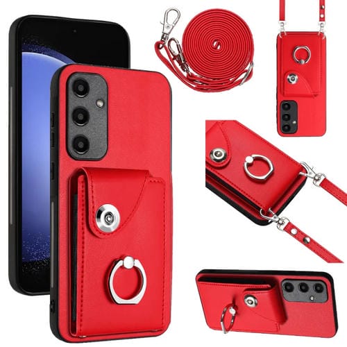 Funda para Teléfono Samsung Galaxy A55 con Soporte para Anillo y Bolsa para Tarjeta con Cordón Largo (Rojo)