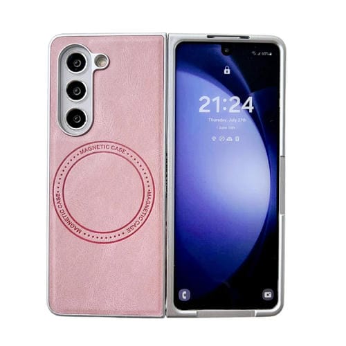 Funda para Teléfono Samsung Galaxy Z Fold5 Skin Feel Textura de Cuero Magsafe Pintura Nacarada a Prueba de Golpes (Rosa)